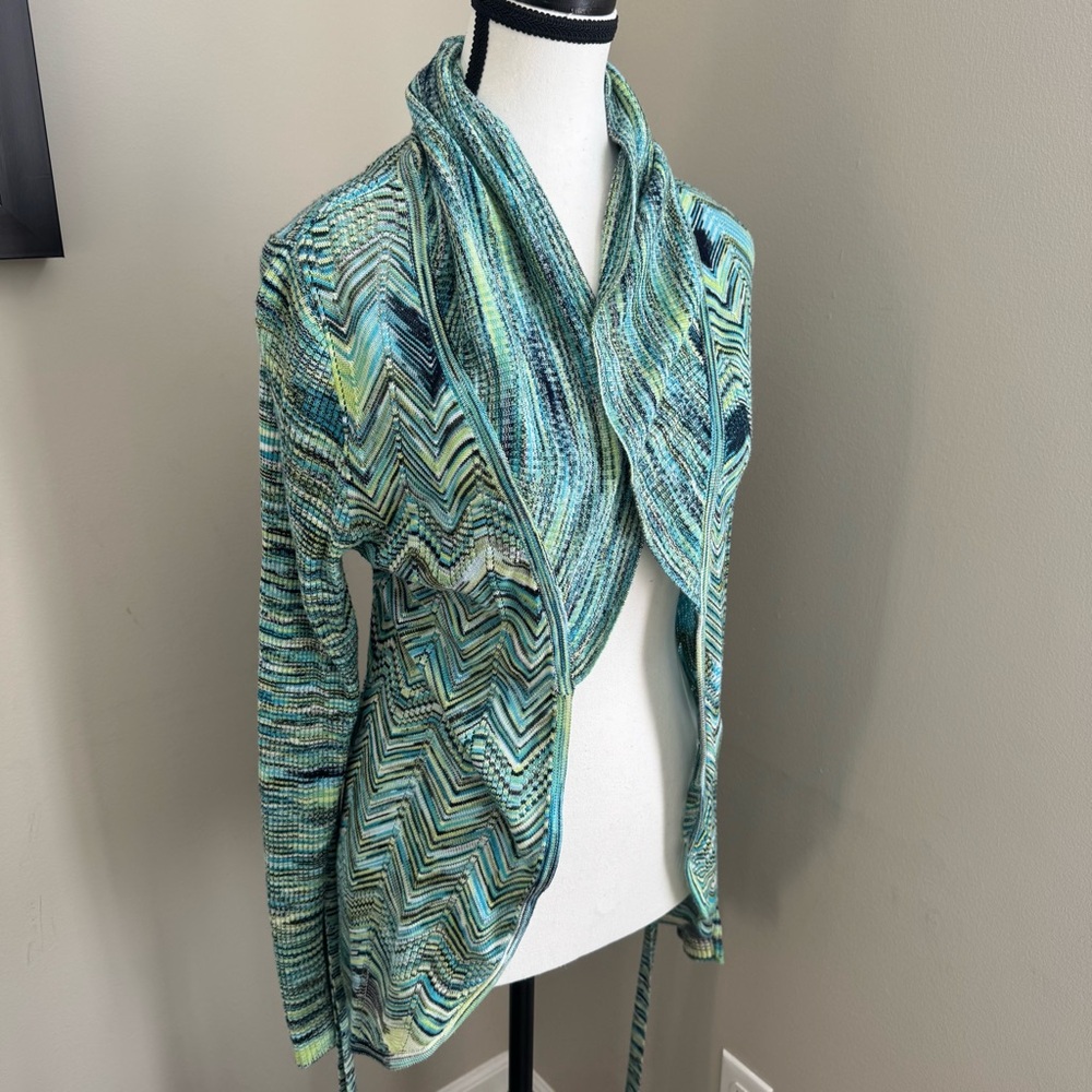 Beldini Chevron Open Front Cardigan Belted 100% Viscose Teal M